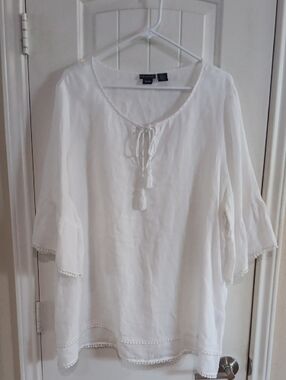 Coastal Grandmother Tahari White Linen Pom Pom Tunic 2X ✨